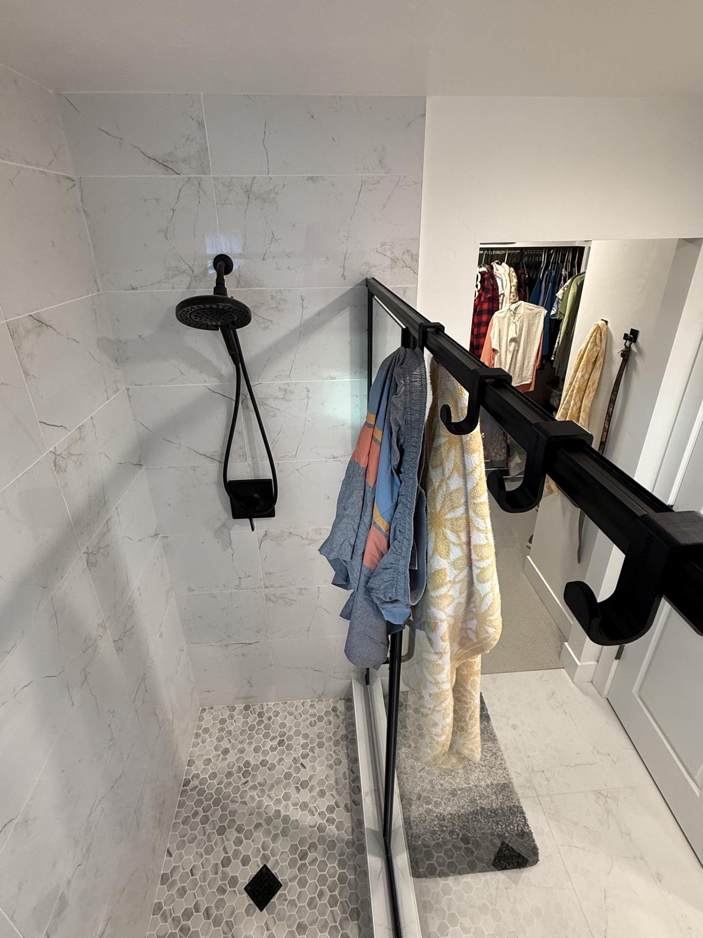 Wet-n-Dry Bathroom Shower Rail hooks (2-pack)- Dual hangers keep wet things inside and dry things outside
