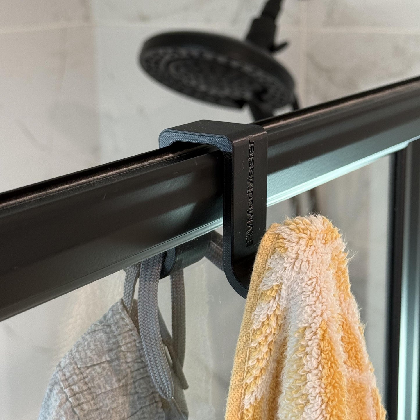 Custom 2-sided Shower Rail hook - Provide rail width under "personalization" - Dual hangers keep wet things inside and dry things outside