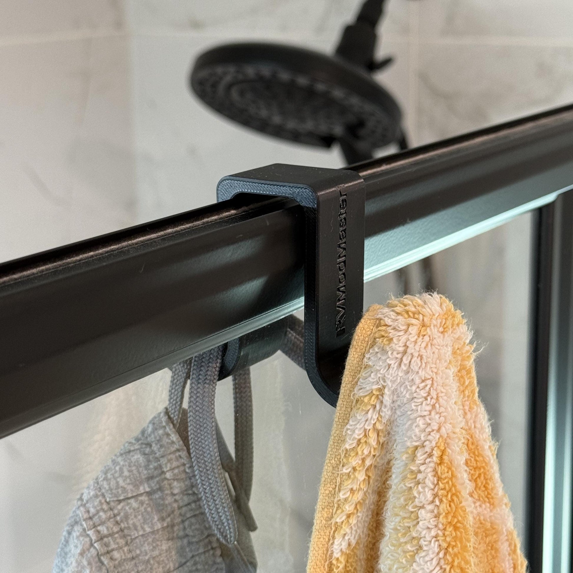 Custom 2-sided Shower Rail hook - Provide rail width under "personalization" - Dual hangers keep wet things inside and dry things outside