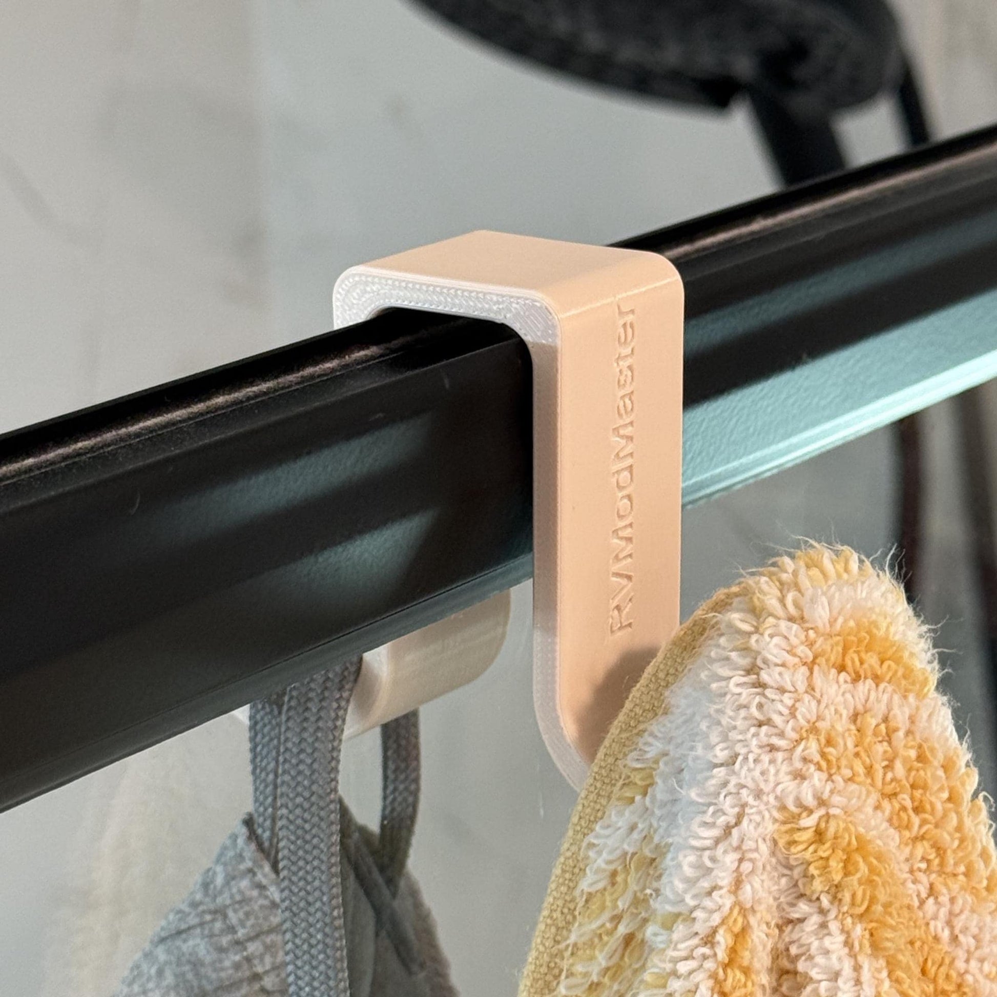 Custom 2-sided Shower Rail hook - Provide rail width under "personalization" - Dual hangers keep wet things inside and dry things outside