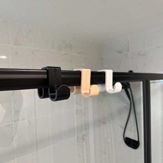 Custom 2-sided Shower Rail hook - Provide rail width under "personalization" - Dual hangers keep wet things inside and dry things outside